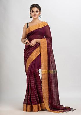 Maroon Woven Linen Saree Set
