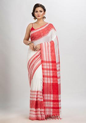 White Embroidered Cotton Saree Set