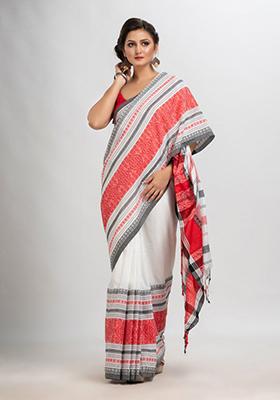 White Embroidered Cotton Saree Set