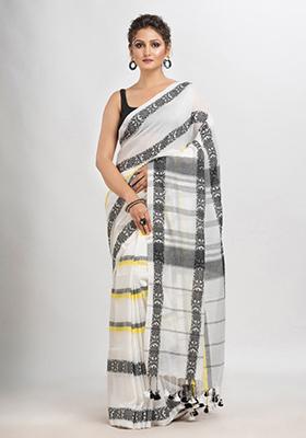 White Embroidered Cotton Saree Set