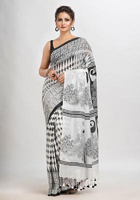 White Printed Cotton Saree Set