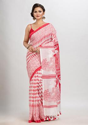 White Printed Cotton Saree Set