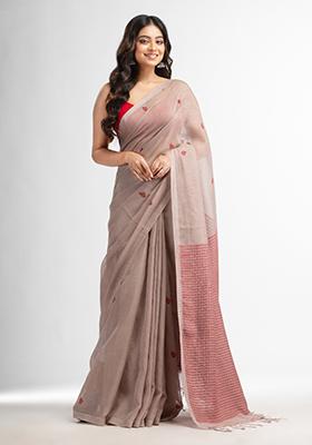 Beige Embroidered Silk Cotton Saree Set
