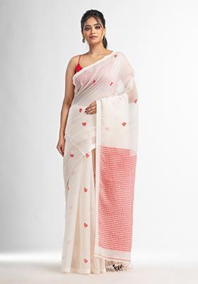 White Embroidered Silk Cotton Saree Set