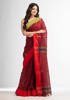 Rust Brown Embroidered Cotton Saree Set