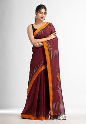 Maroon Woven Linen Saree Set