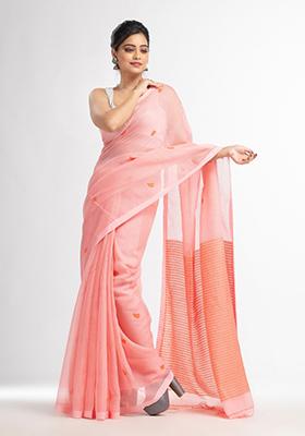 Peach Embroidered Silk Cotton Saree Set