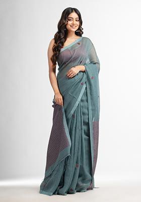 Grey Embroidered Silk Cotton Saree Set