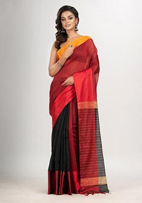 Maroon Solid Cotton Blend Saree Set