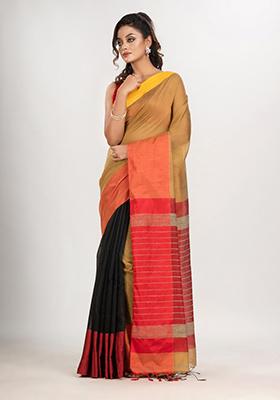 Beige Solid Cotton Blend Saree Set