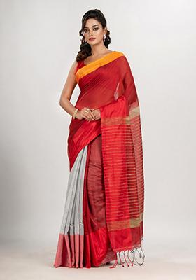 Red Solid Cotton Blend Saree Set