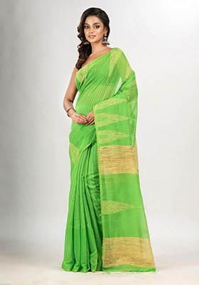 Green Solid Cotton Blend Saree Set