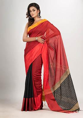 Red Solid Cotton Blend Saree Set