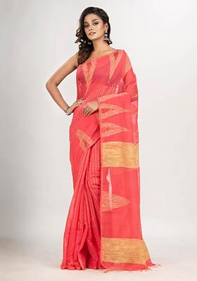 Red Solid Cotton Blend Saree Set