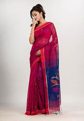 Magenta Purple Woven Cotton Blend Saree Set