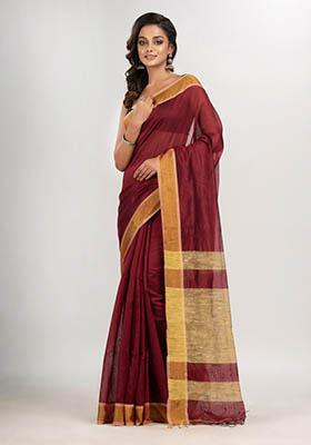 Maroon Solid Cotton Blend Saree Set