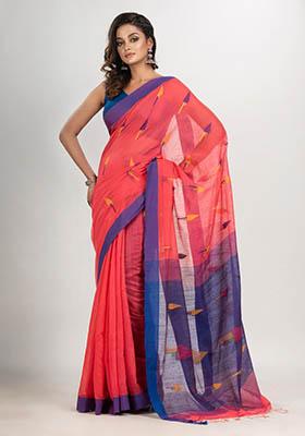 Red Woven Cotton Blend Saree Set