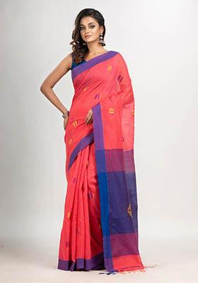 Red Woven Cotton Blend Saree Set