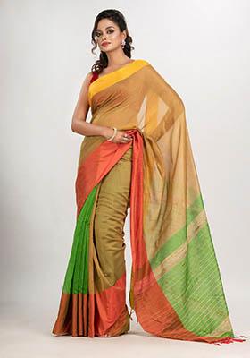 Green Solid Cotton Blend Saree Set