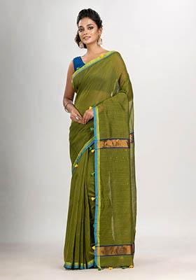 Green Solid Cotton Blend Saree Set