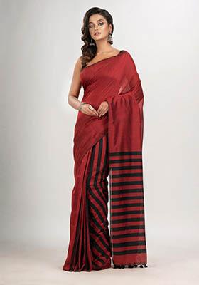 Red Solid Cotton Saree Set