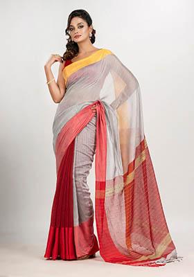 Red Solid Cotton Saree Set