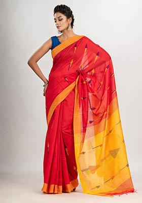Red Woven Cotton Saree Set