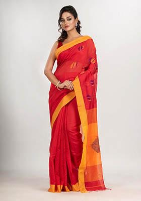 Red Woven Cotton Saree Set