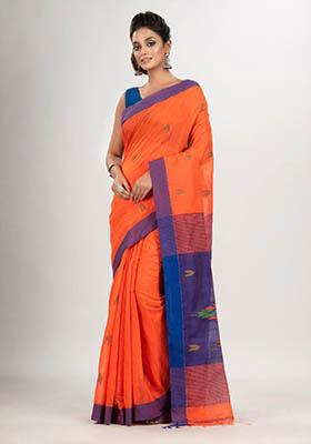 Orange Woven Cotton Saree Set