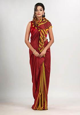 Red Solid Cotton Saree Set