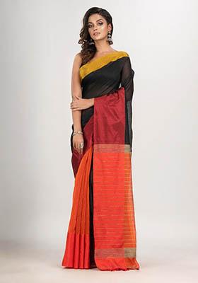 Black Solid Cotton Saree Set