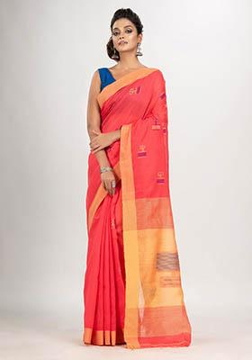 Red Woven Cotton Saree Set