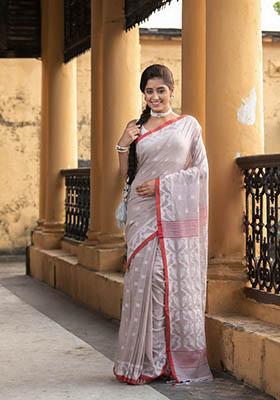 Brown Woven Cotton Saree Set