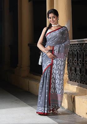 Grey Woven Cotton Saree Set