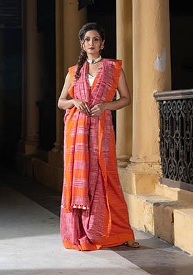 Red Solid Cotton Saree Set