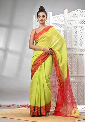 Olive Green Solid Cotton Blend Saree Set