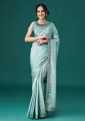 Blue Sequin Embroidered Satin Saree Set