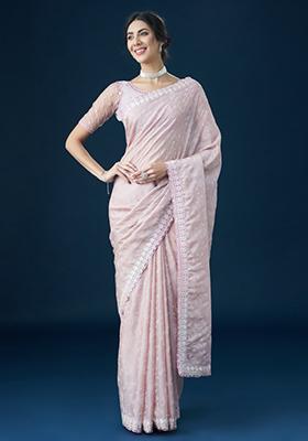 Pink Sequin Embroidered Satin Saree Set