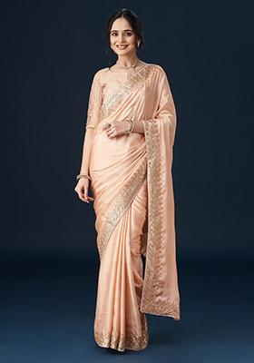 Peach Embellished Satin Saree Set