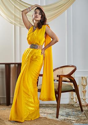 Yellow Solid Silk Saree Set
