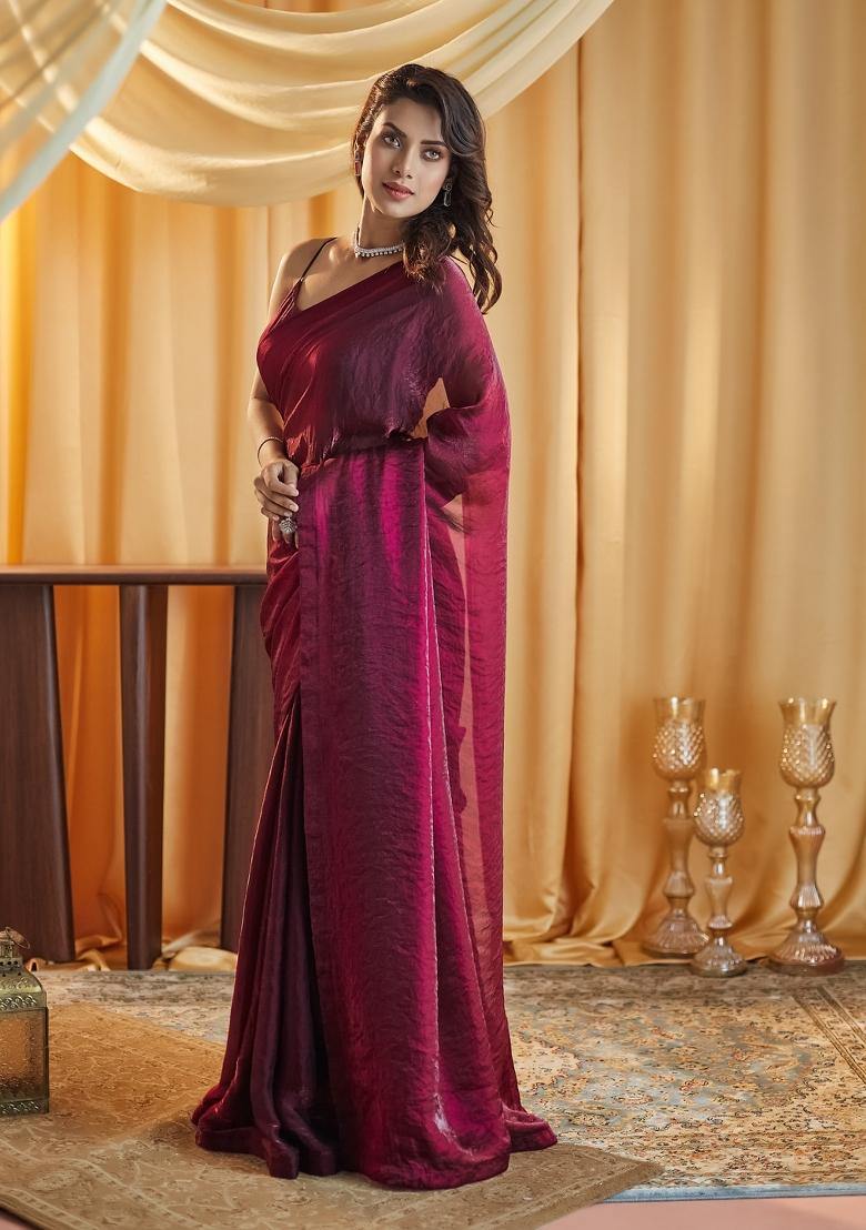 Wine Solid Silk Saree Set