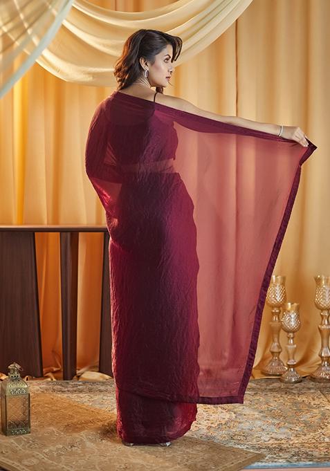 Wine Solid Silk Saree Set