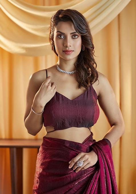 Wine Solid Silk Saree Set