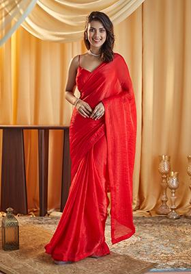 Red Solid Silk Saree Set