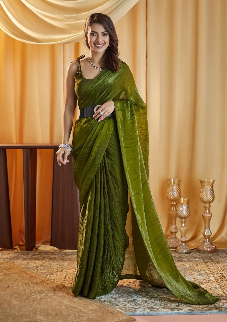 Mehendi Green Solid Silk Saree Set