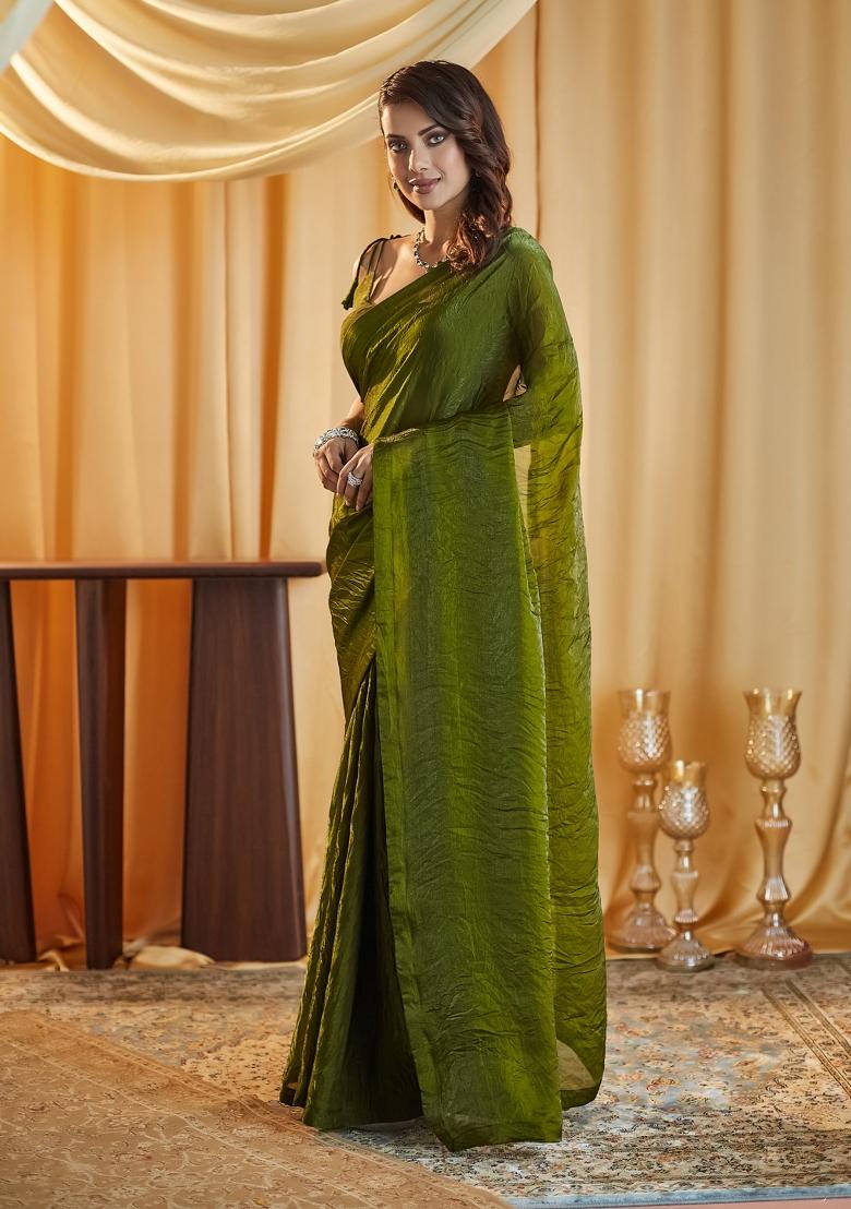 Mehendi Green Solid Silk Saree Set