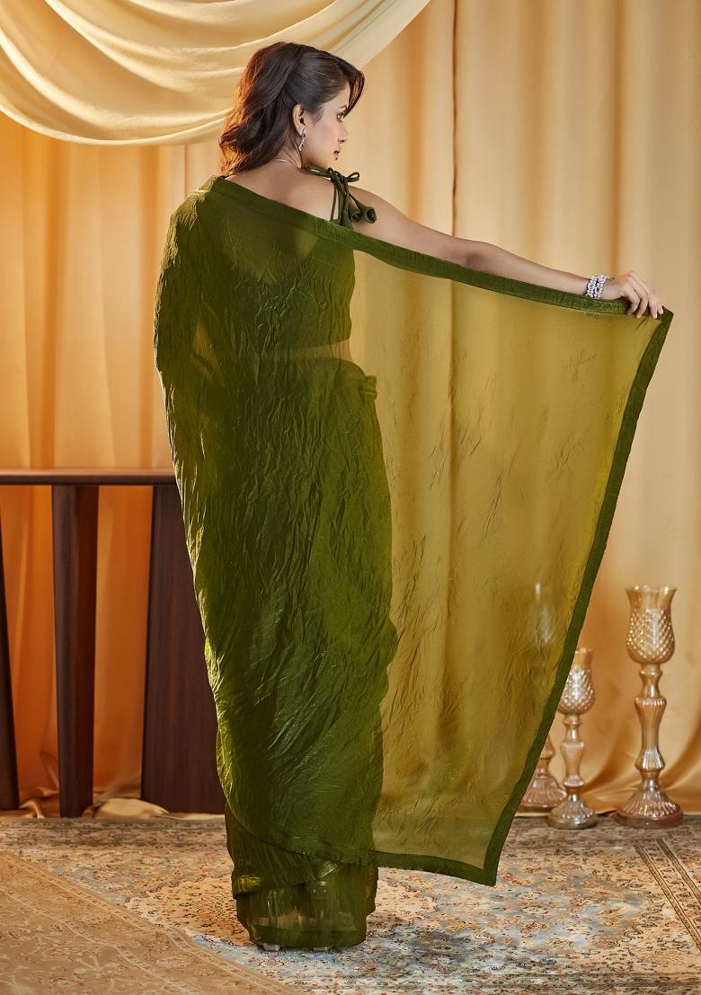 Mehendi Green Solid Silk Saree Set