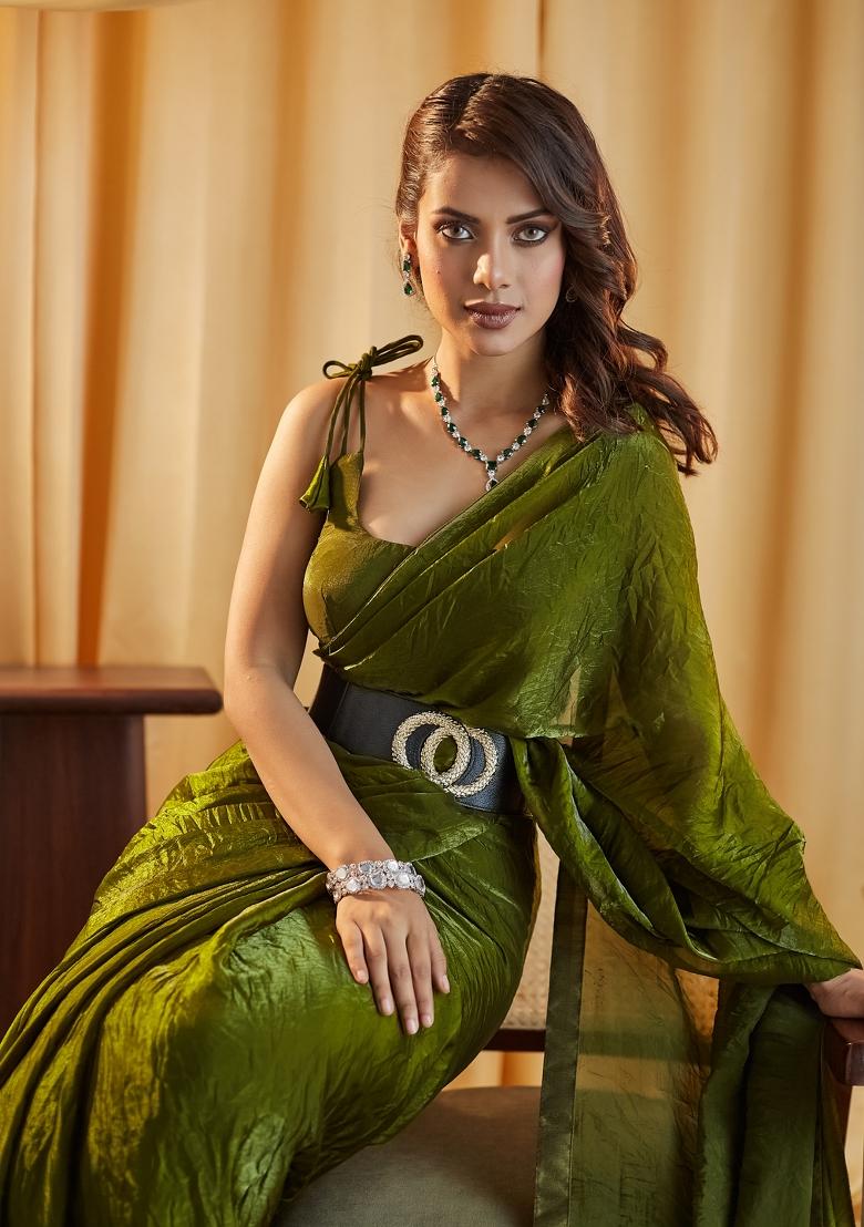 Mehendi Green Solid Silk Saree Set