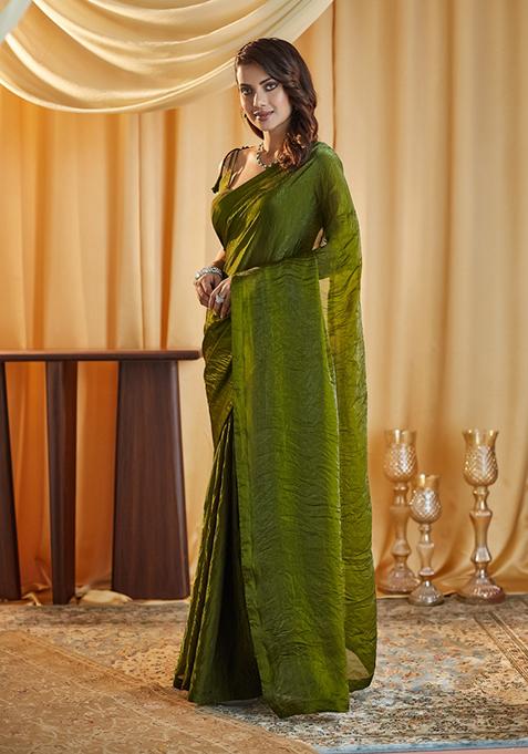 Mehendi Green Solid Silk Saree Set