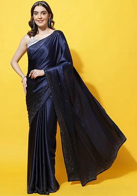Navy Blue Beads And Stone Satin Saree Set